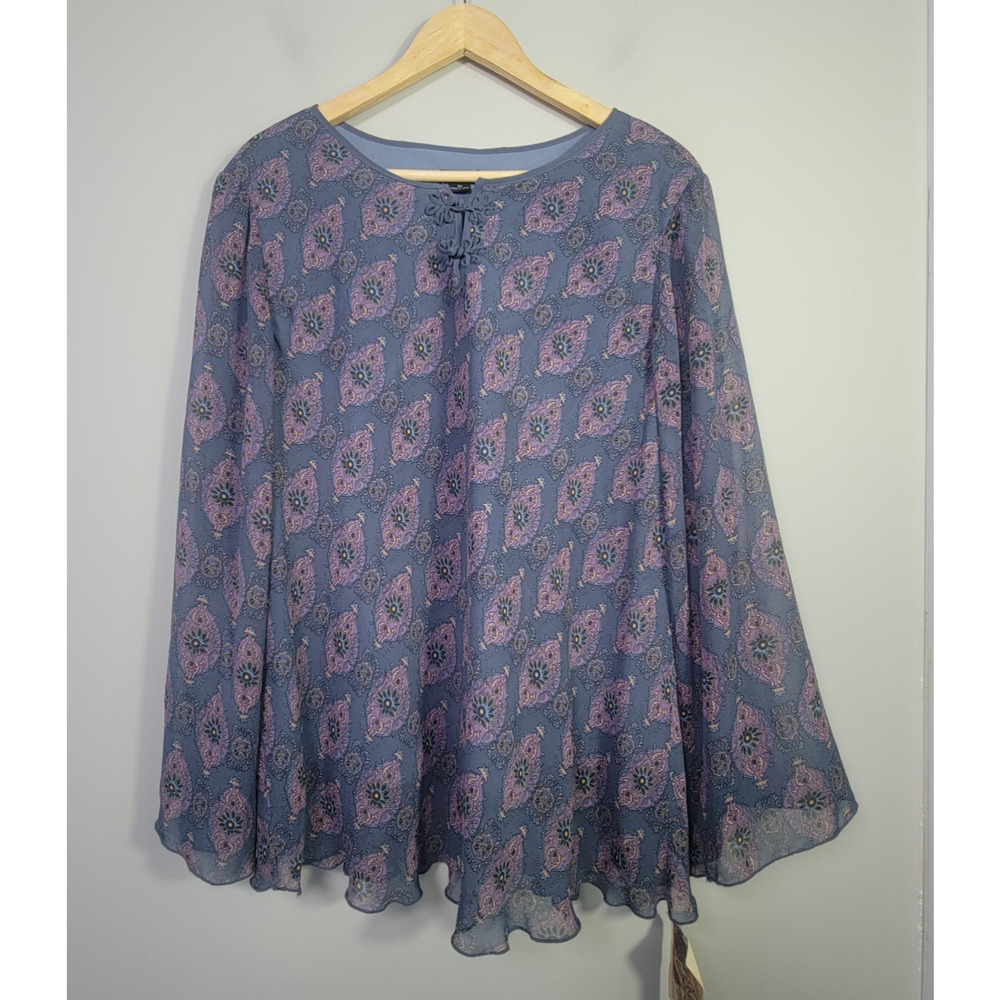 NWT VTG Lapis Womens 3X Silk Blouse Floral Long Sleeve Sheer Boho